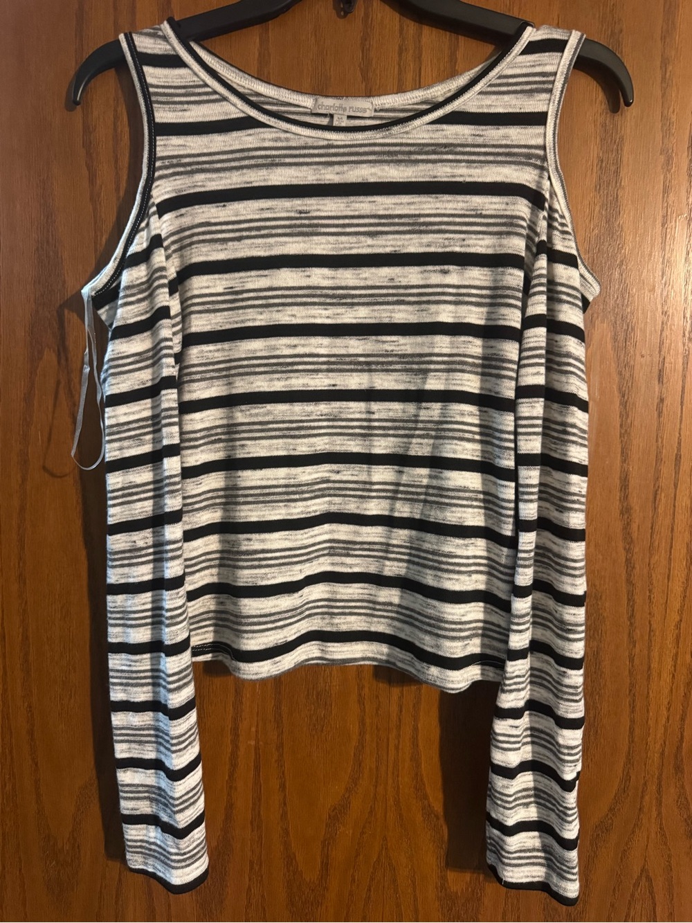 Charlotte Russe Black and White Striped Cold-Shoulder Long Sleeve Top